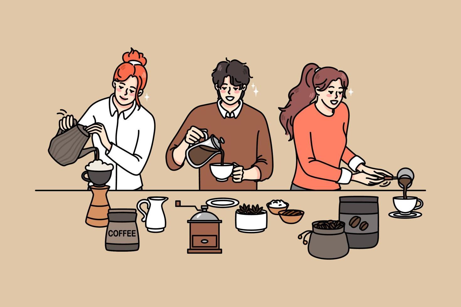 Diverse people making coffee in various ways. Men and women baristas prepare hot beverage in coffee machine. Alternative coffee preparation. Flat vector illustration.