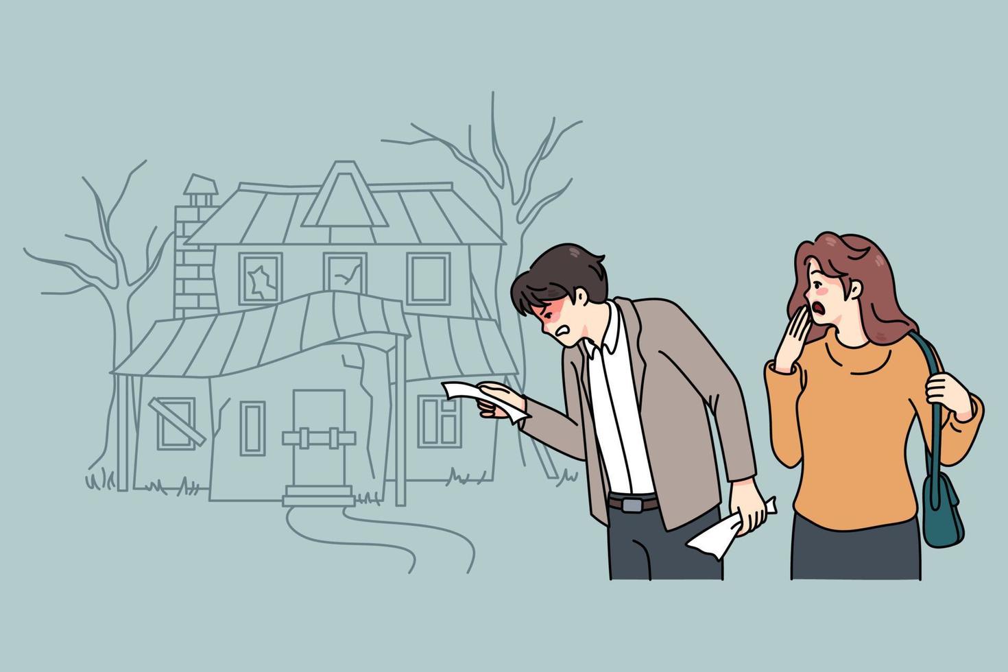 Frustrated couple buyers shocked with price of old ruined house. Unhappy man and woman confused with building rent. Ownership and rental problems. Flat vector illustration.