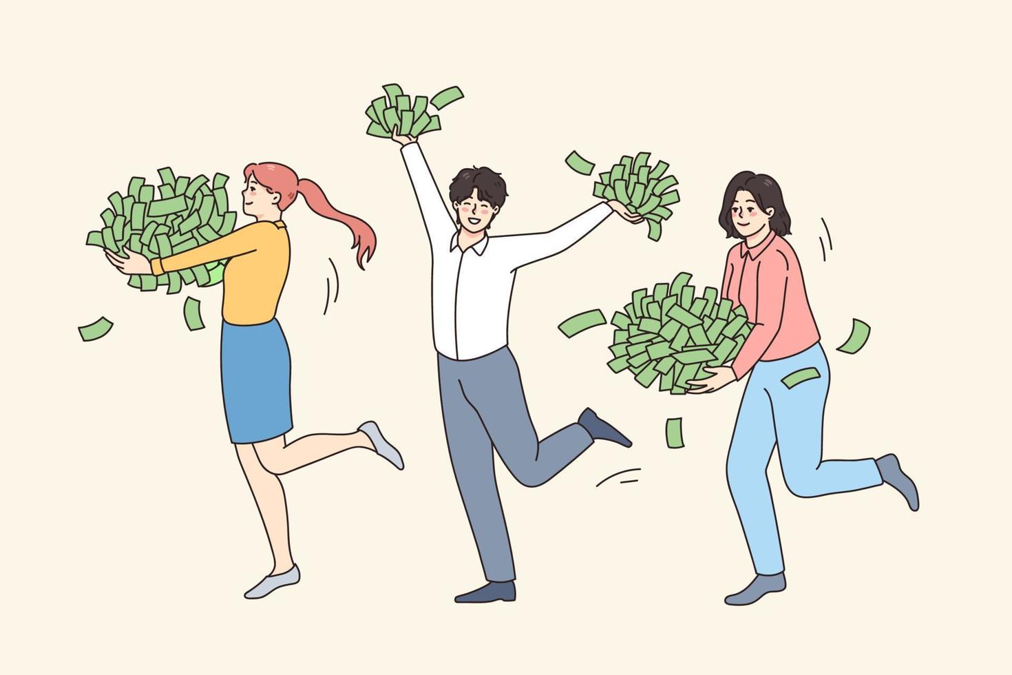 Overjoyed people with piles of money feel joyful with lottery win or victory. Happy men and women with dollar stack celebrate successful financial investment get dividend. Vector illustration.