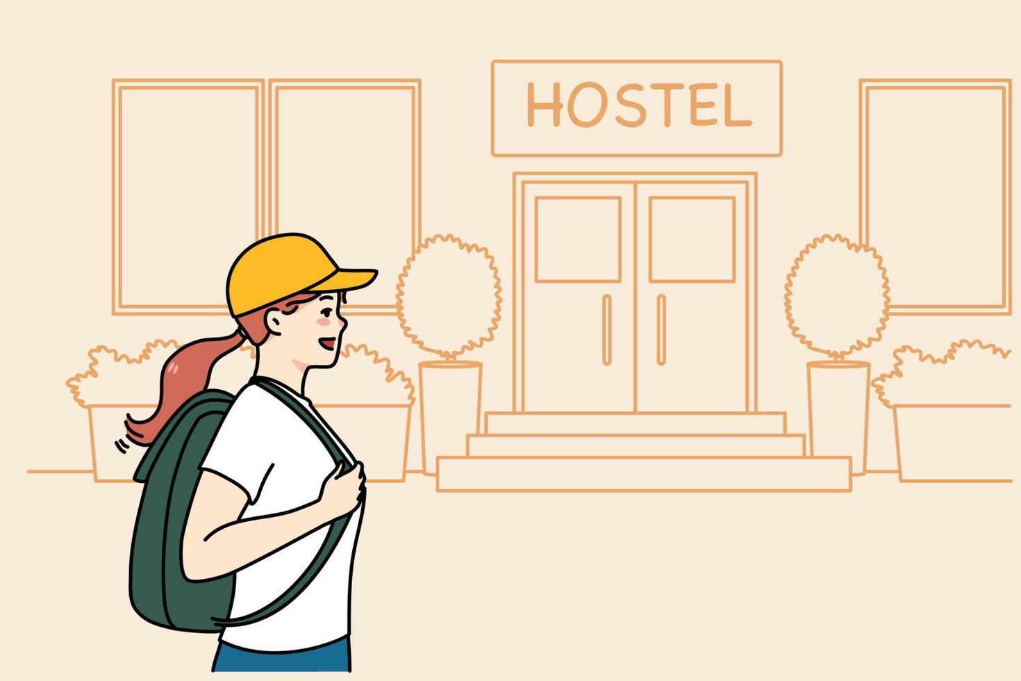 Happy woman tourist with backpack go to hostel for night accommodation. Smiling female traveler walk to hotel entrance. Travel and tourism concept. Flat vector illustration.