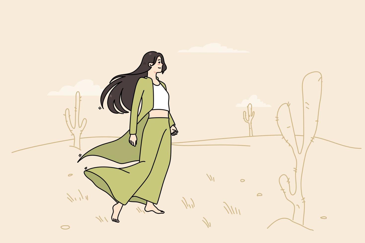 Young woman wandering desert. Millennial girl feel lost and lonely in sand wilderness area. Concept of boring and monotonous life. Flat vector illustration.