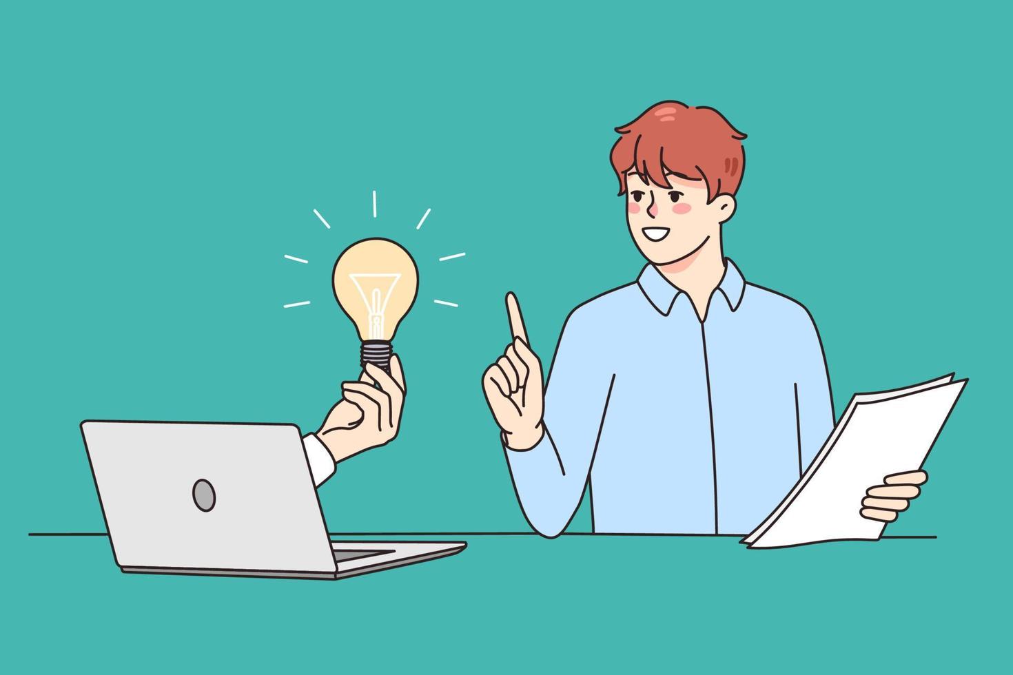Hand from computer hold lightbulb offer innovative business idea to excited businessman. Young male employee get help from laptop. Innovation and creative thinking. Vector illustration.