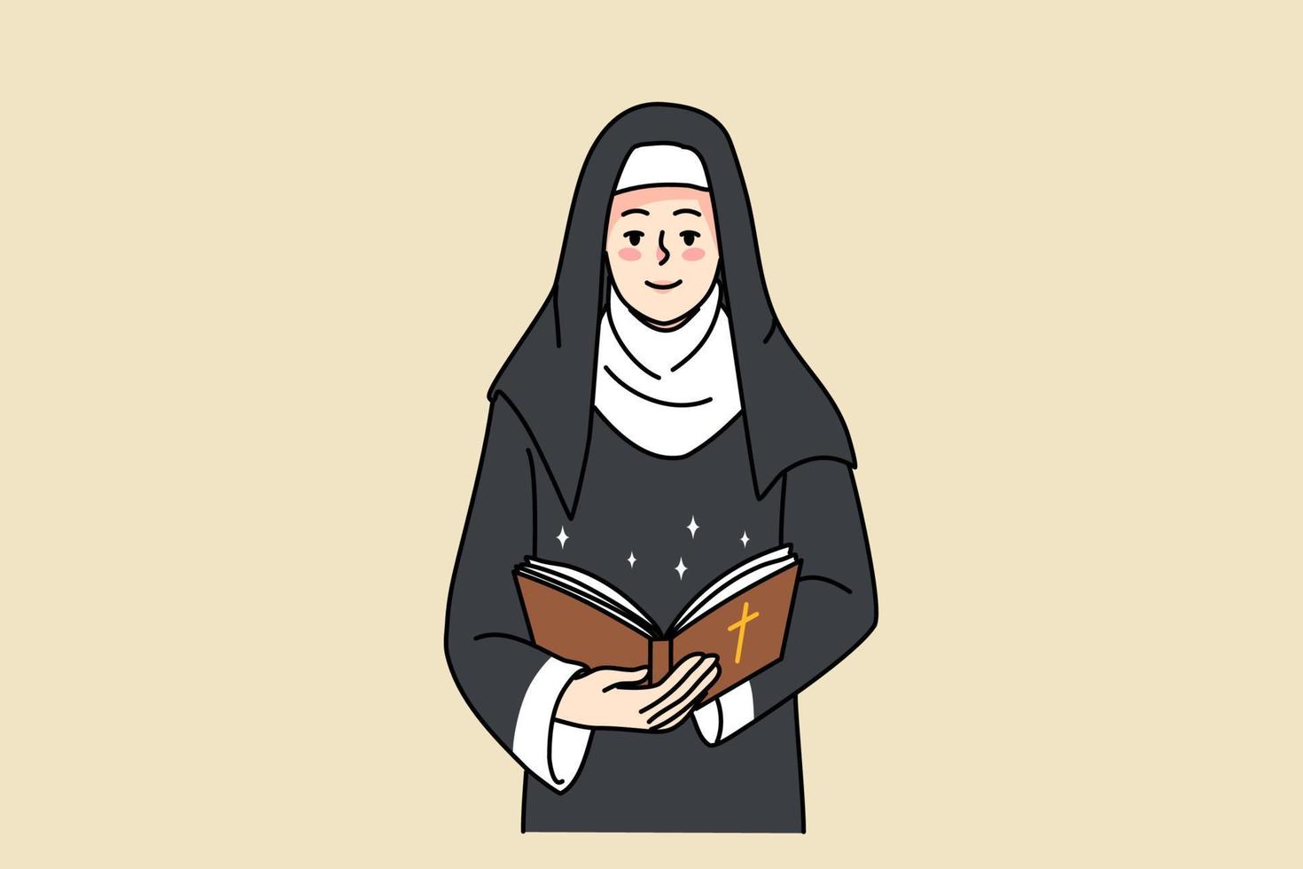 Sister nun in traditional clothes read bible in church. Happy catholic sister praying to God. Religion and faith concept. Prayer and believer. Flat vector illustration, cartoon character.