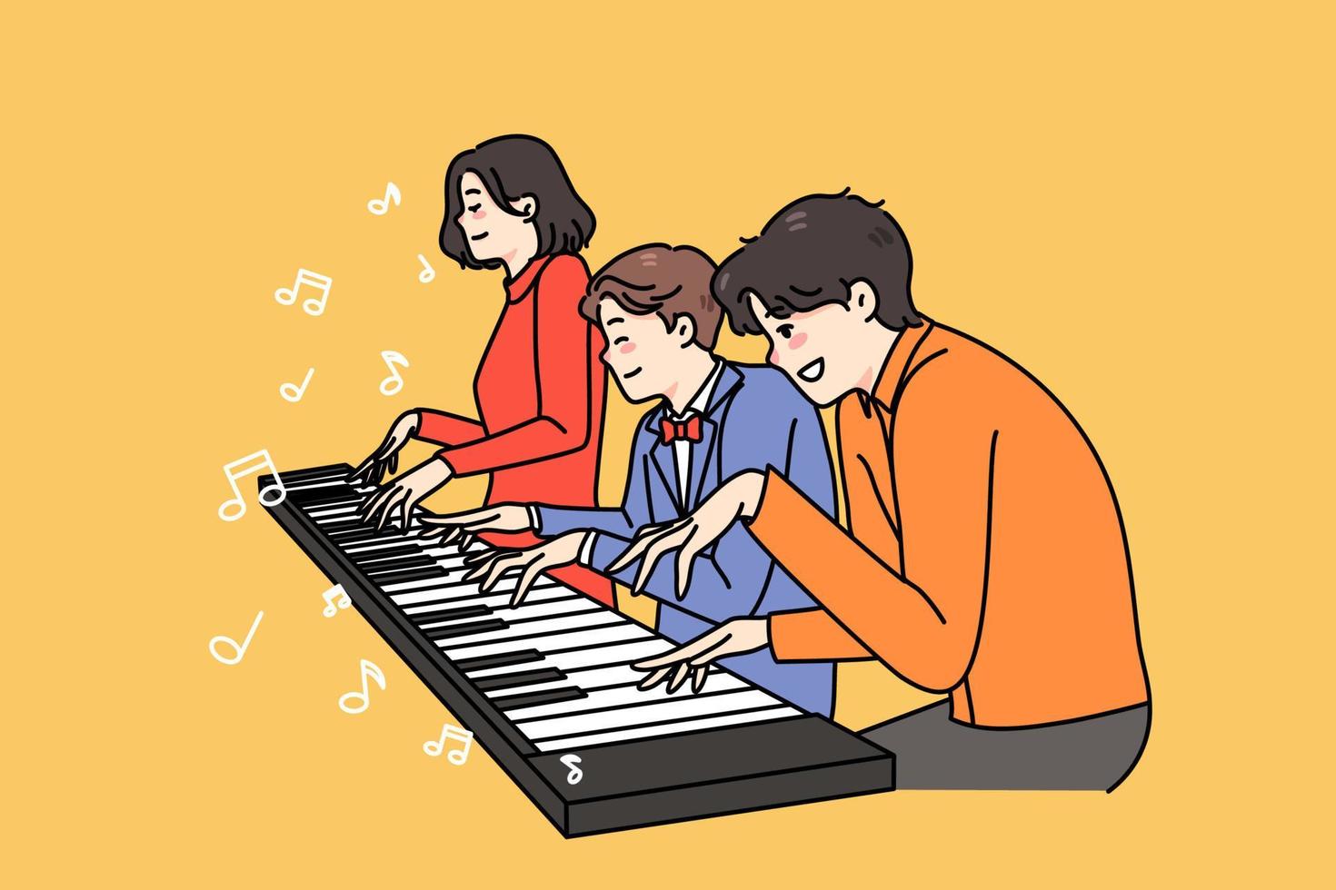 Happy family with son have fun playing one piano together. Smiling parents and kid enjoy weekend involved in music improvisation. Musician hobby and entertainment. Vector illustration.