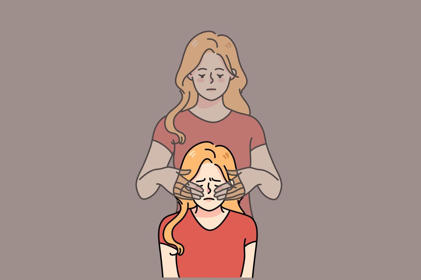 Unhappy young woman feel stressed have her ghost twin cover eyes with hands. Upset girl struggle with depression or reality denial. Concept of self-deception. Flat vector illustration.