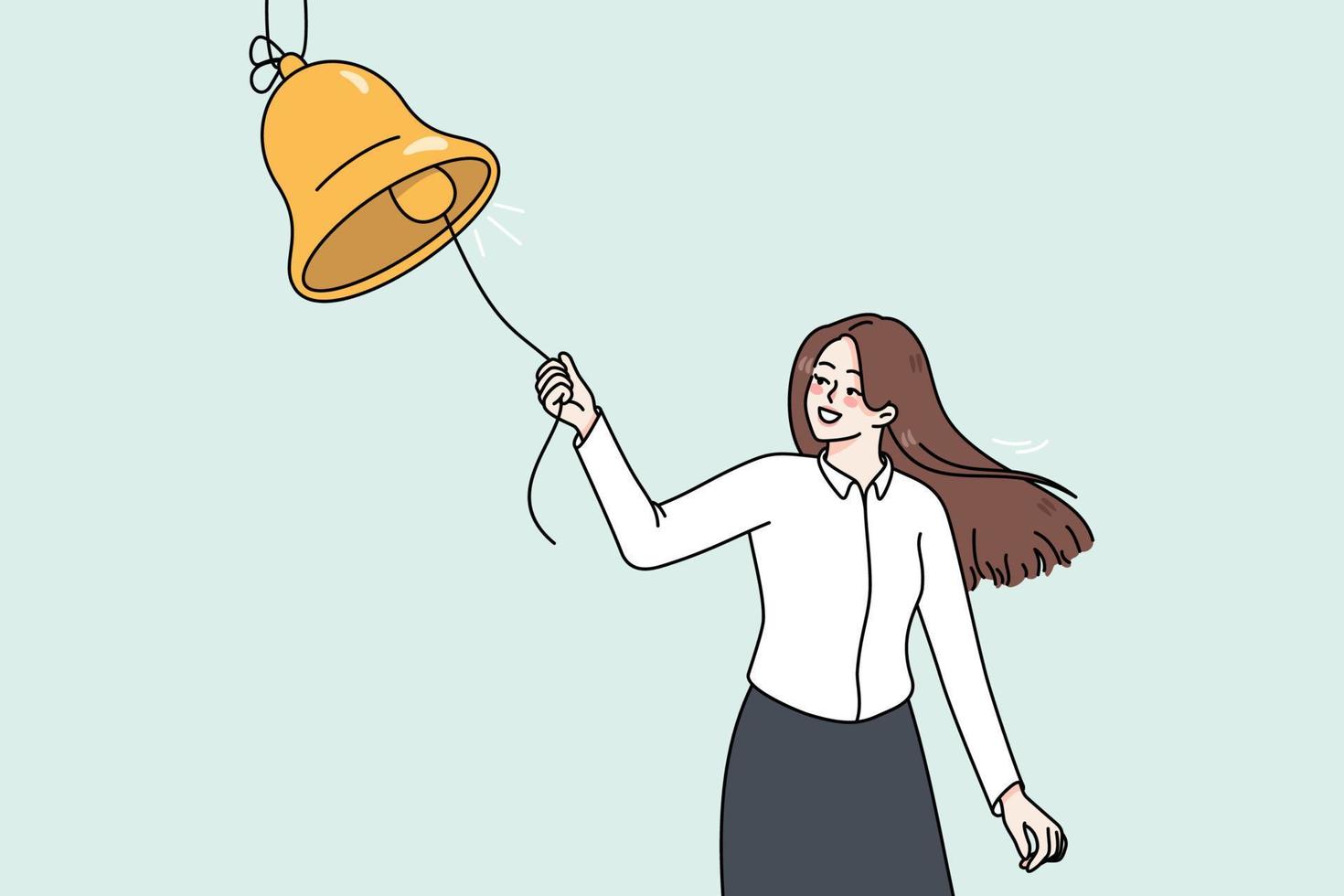 Smiling young woman ring bell for social media notification. Happy girl subscribe get reminder for news or messages online. Subscription and internet communication. Flat vector illustration.