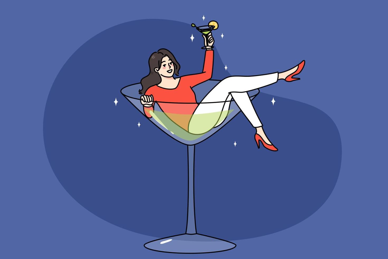 Overjoyed young woman lying in martini glass having fun drinking alcohol. Concept of bad habit or addiction. Happy girl addicted to alcoholic beverages. Alcoholism problem. Vector illustration.