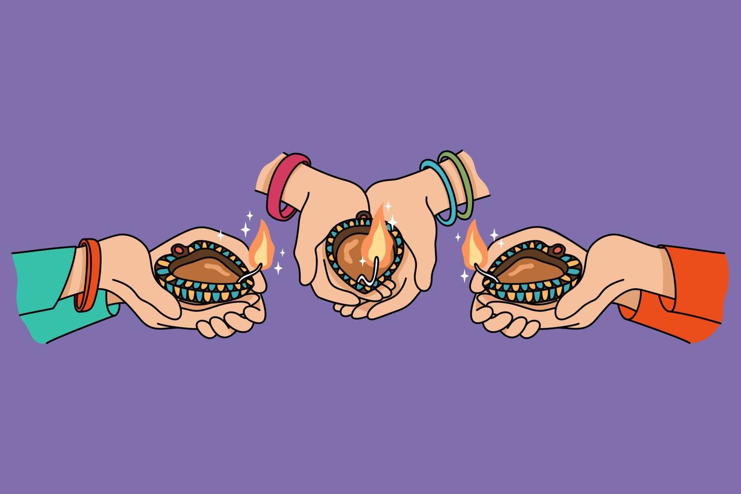 de cerca de personas participación petróleo lamparas celebrar tradicional indio evento. manos con velas en diwali festival en India. cultura y diversidad concepto. vector ilustración.