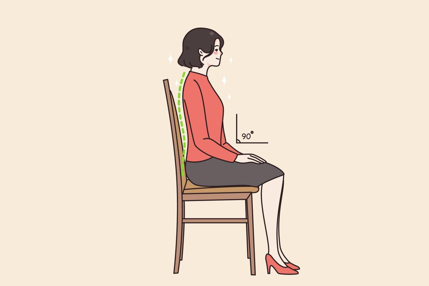 joven mujer sentar en silla en correcto posición pensar de atrás. hembra empleado Derecha sedentario actitud a trabajar. cuidado de la salud y incorrecto postura concepto. sano estilo de vida. vector ilustración.