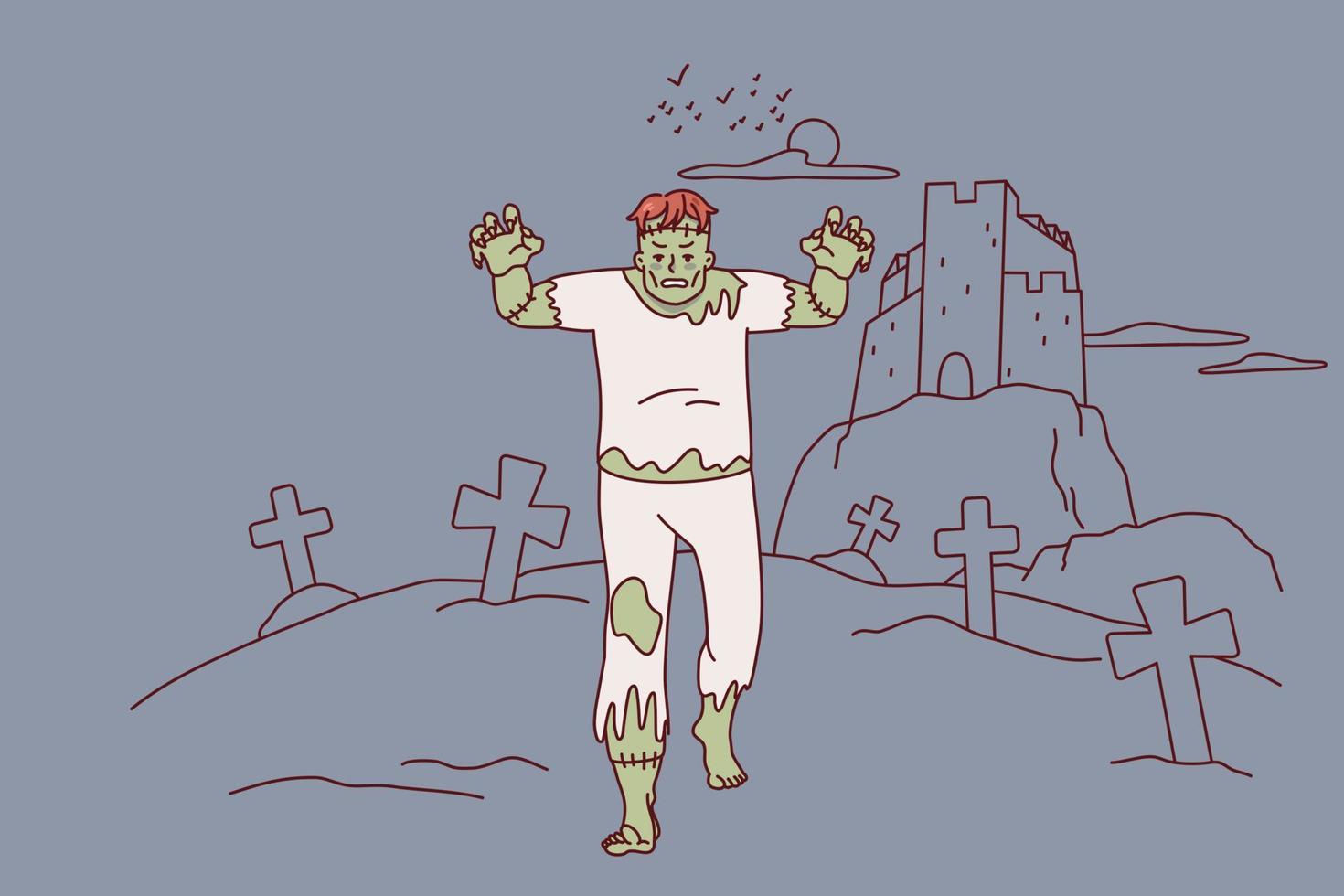 Scary dead walking through cemetery. Frankenstein going scaring terrifying city. Flat vector illustration.