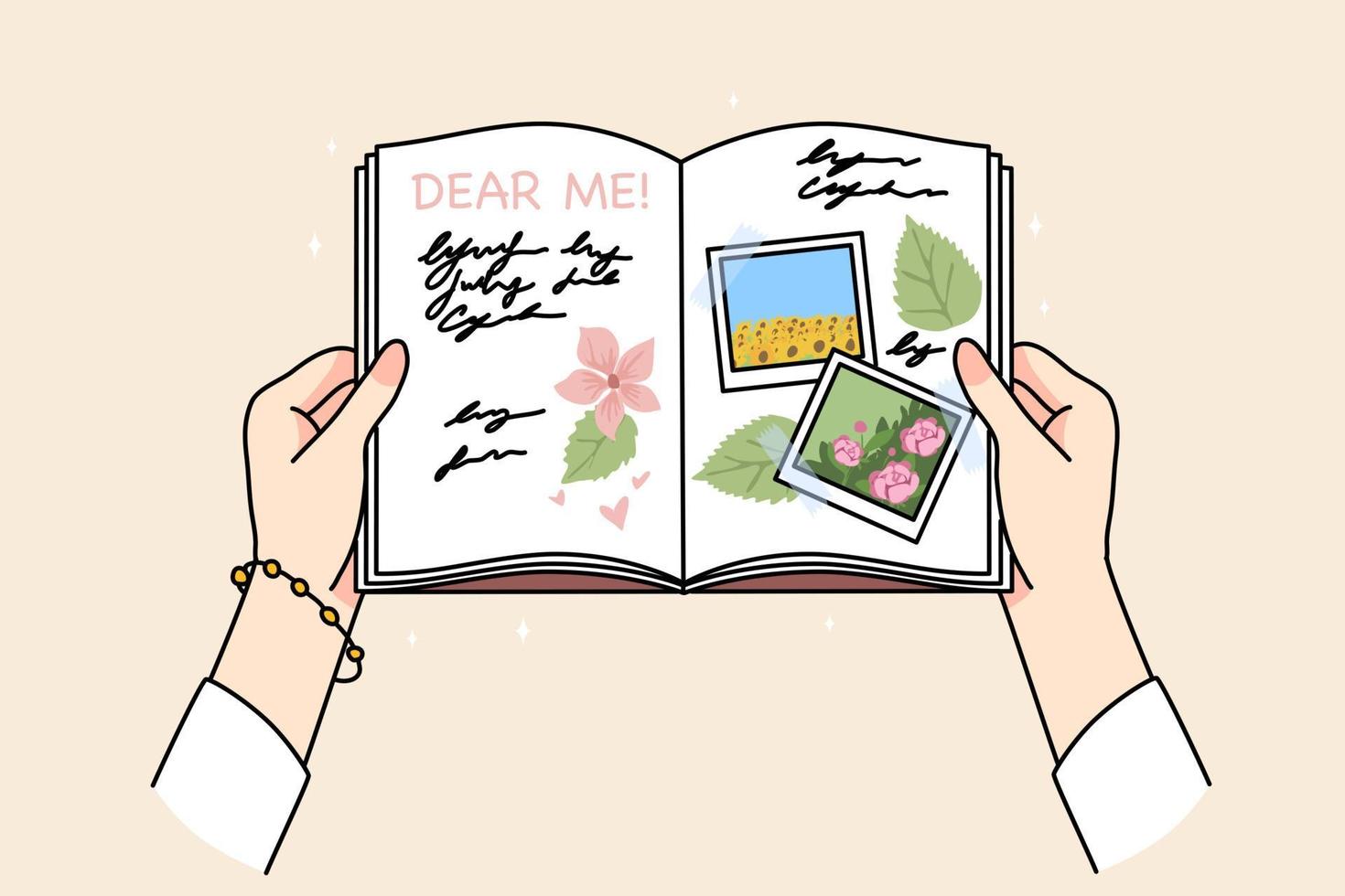 Woman hands hold diary read memories see pictures and photos from past. Female consider message or text in notebook. Note or mail to self concept. Flat vector illustration.