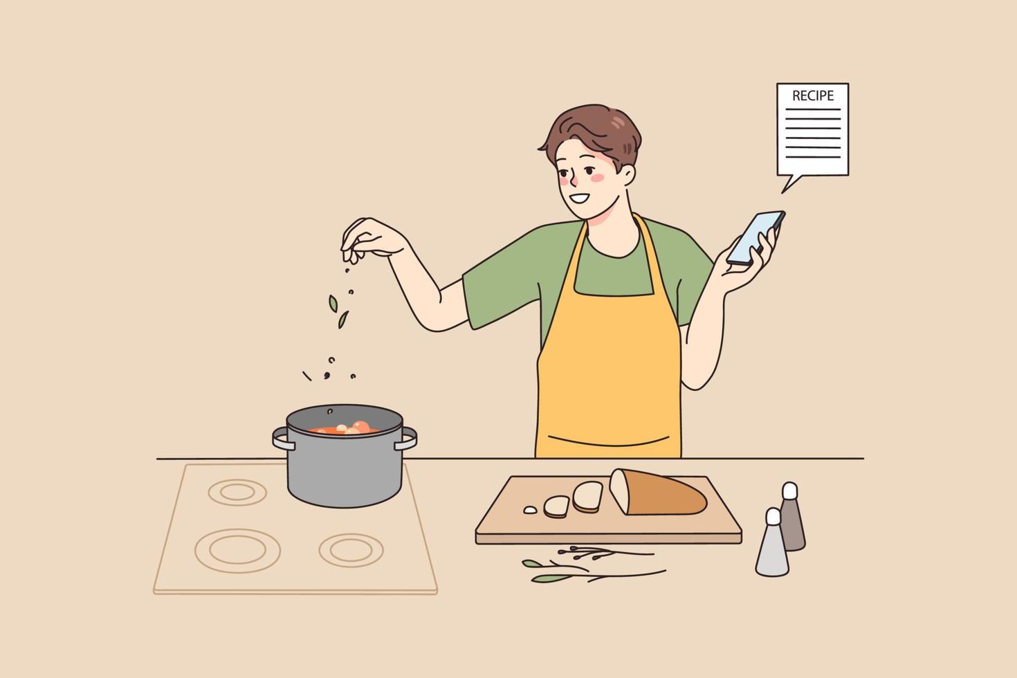 sonriente hombre Cocinando sopa a hogar cocina seguir receta en teléfono inteligente pantalla. contento masculino cocinero preparar delicioso comida para cena con en línea instrucción en Teléfono móvil. vector ilustración.