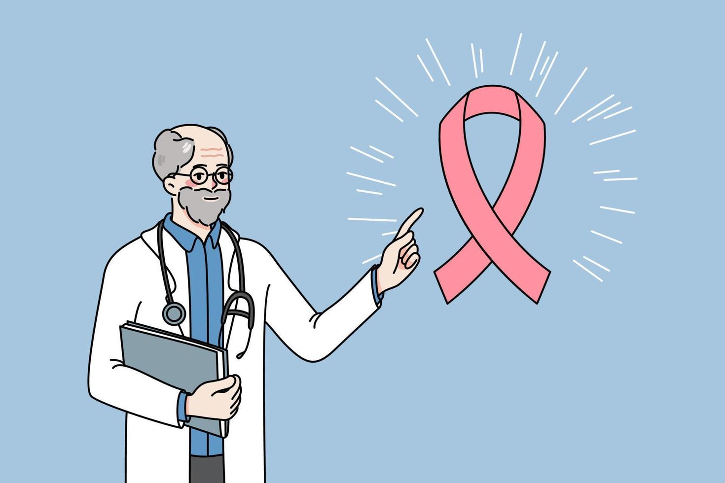 Old male doctor in white medical uniform point at pink ribbon raise awareness of oncology. Man oncologist talk about cancer and treatment. Healthcare and medicine. Vector illustration.