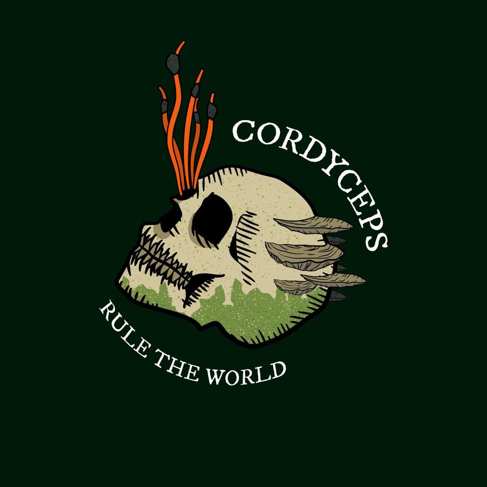 fungi out from human skull with tagline cordyceps rule the world logo vector