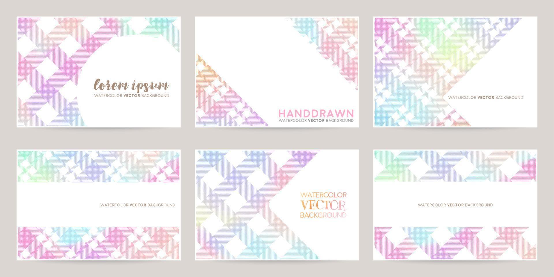 vector card design template with rainbow plaid, watercolor decoration on white background set
