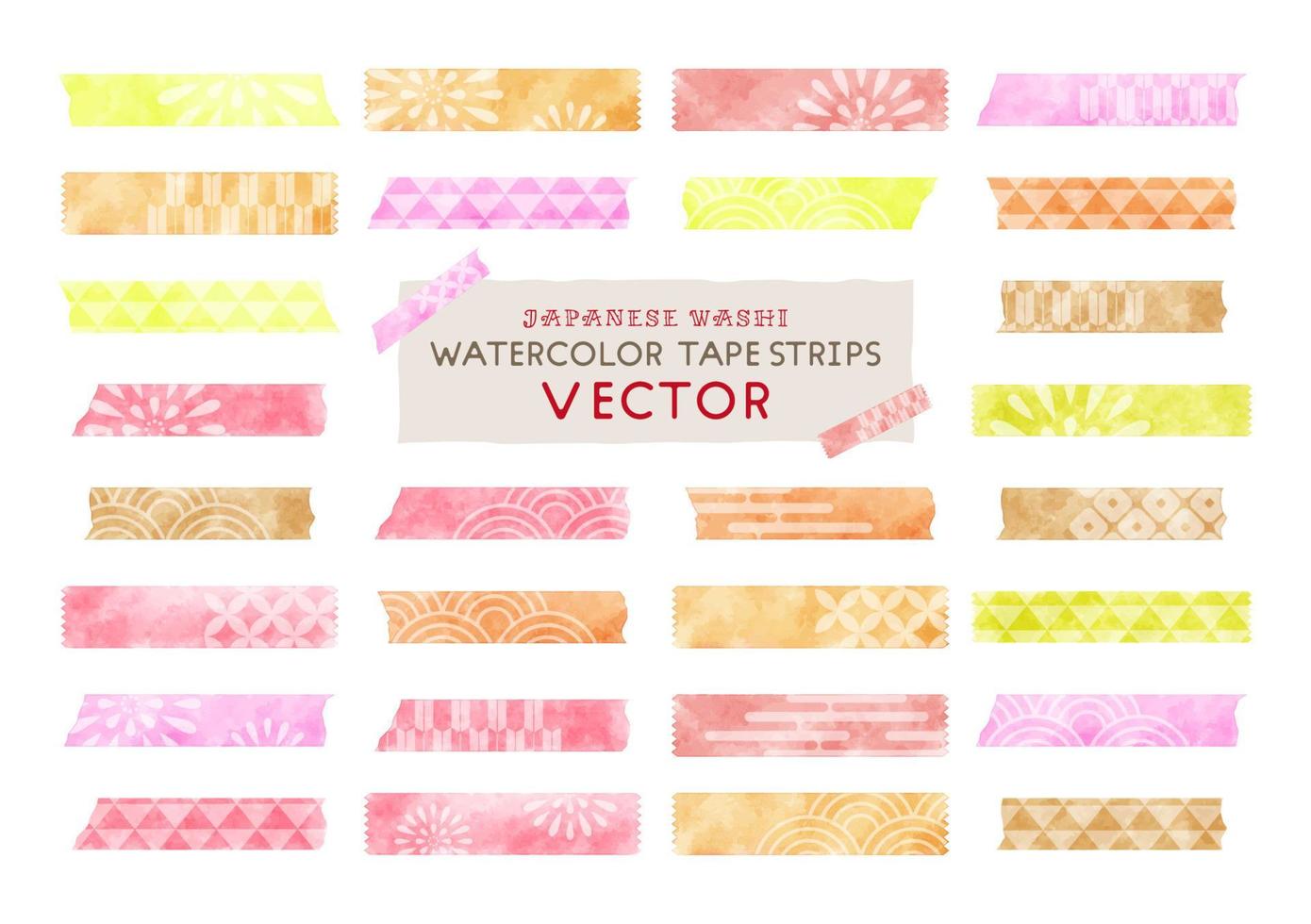watercolor vector tape strips set, japanese washi masking tape orange and pink