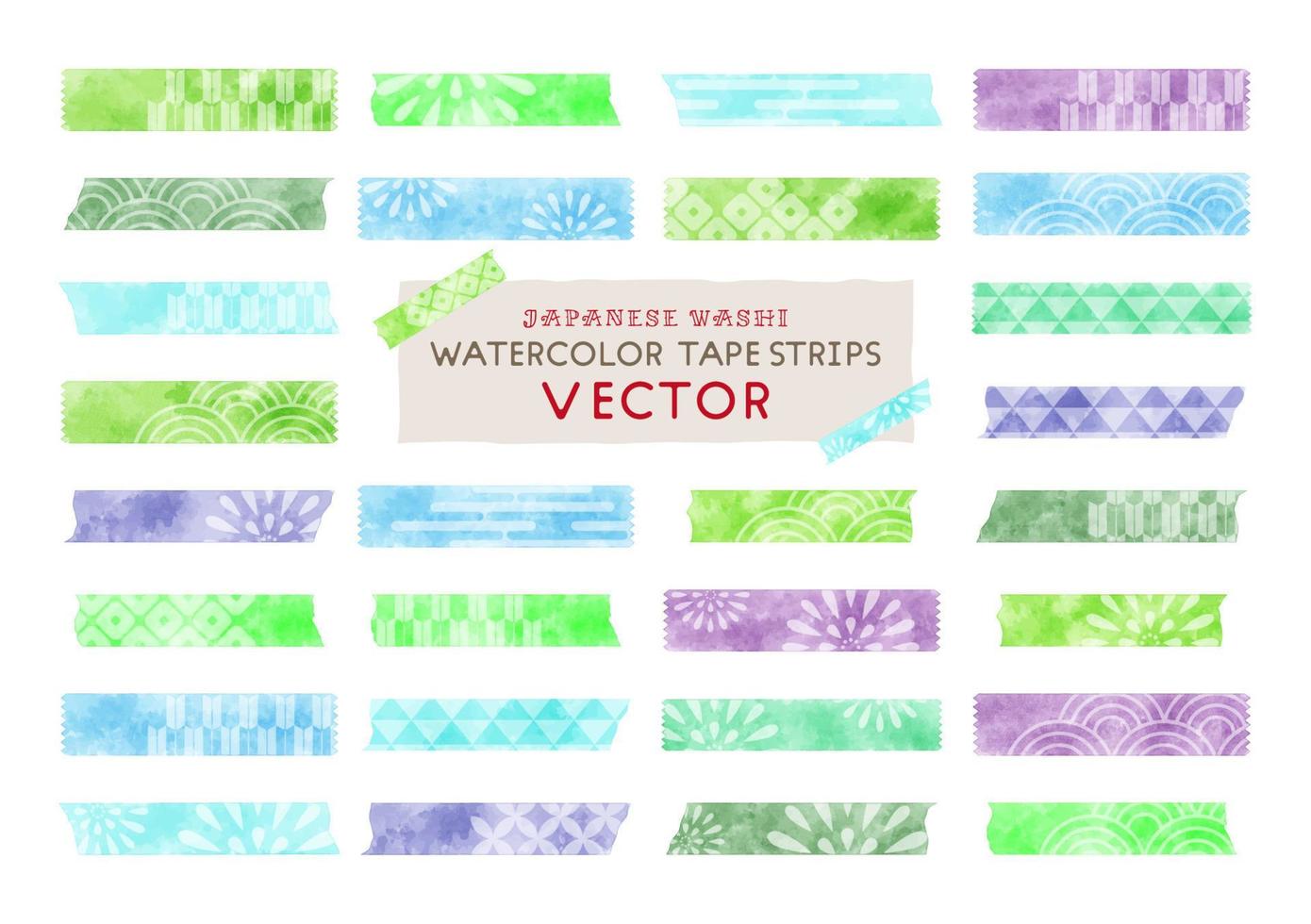 watercolor vector tape strips set, japanese washi masking tape blue and green