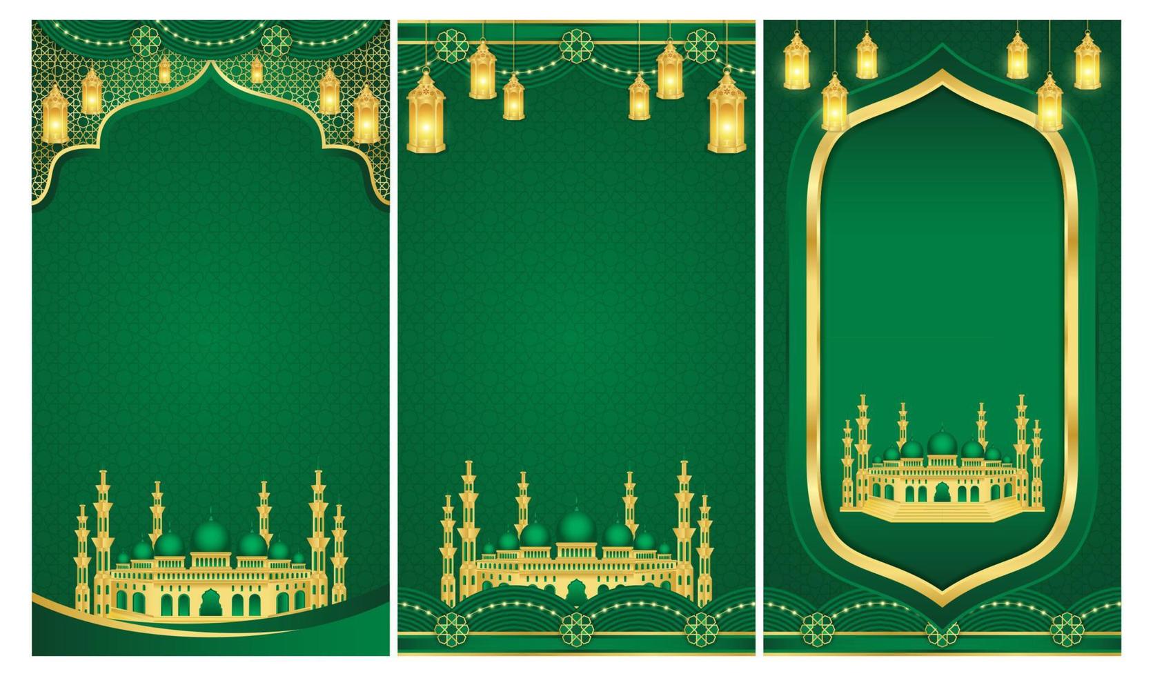 Islamic ornament template for background, banner, poster, cover design, envelope, social media feed. Ramadan Kareem and eid mubarak 2023 concept, green blank background, muslim lantern, pattern vector