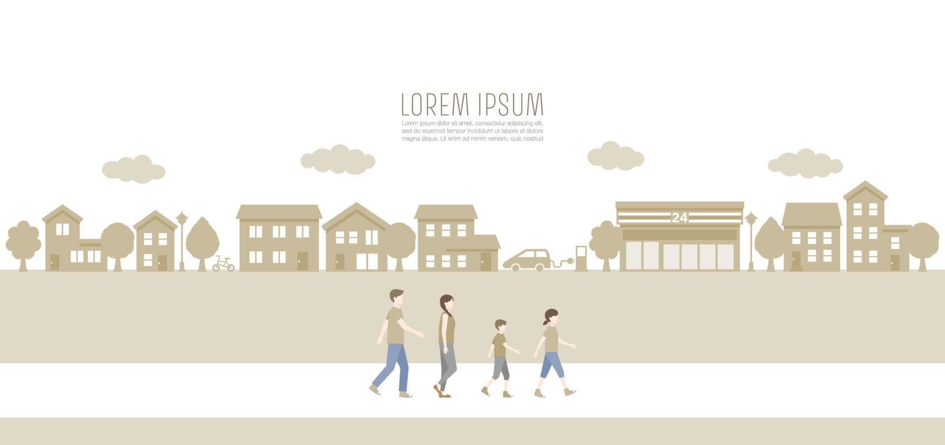 A family walking on street. simple landscape illustration vector