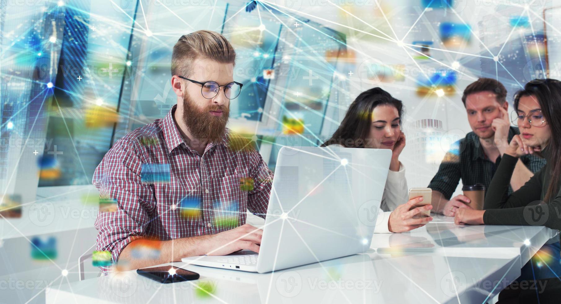 Businessman in office connected on internet network. concept of startup company photo