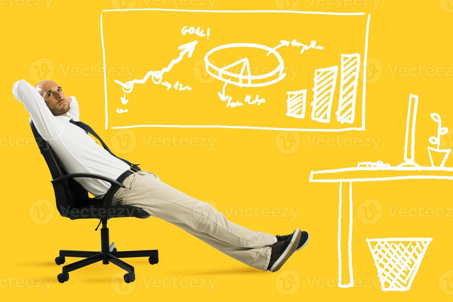 Businessman relax and think sitting on a chair. Yellow background photo