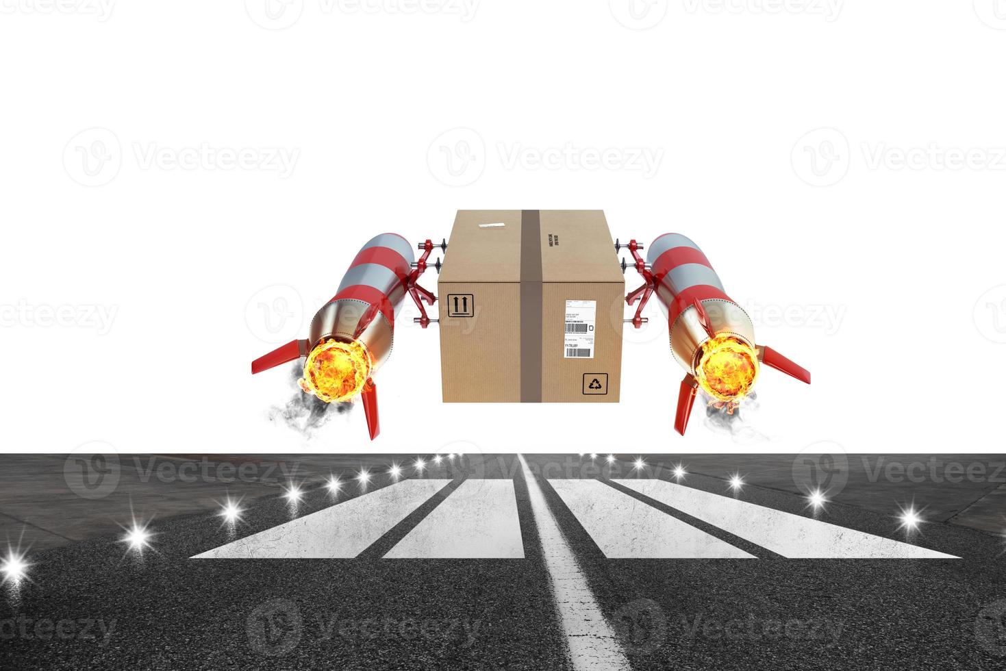 Fast delivery of package by turbo rocket. 3D Rendering photo