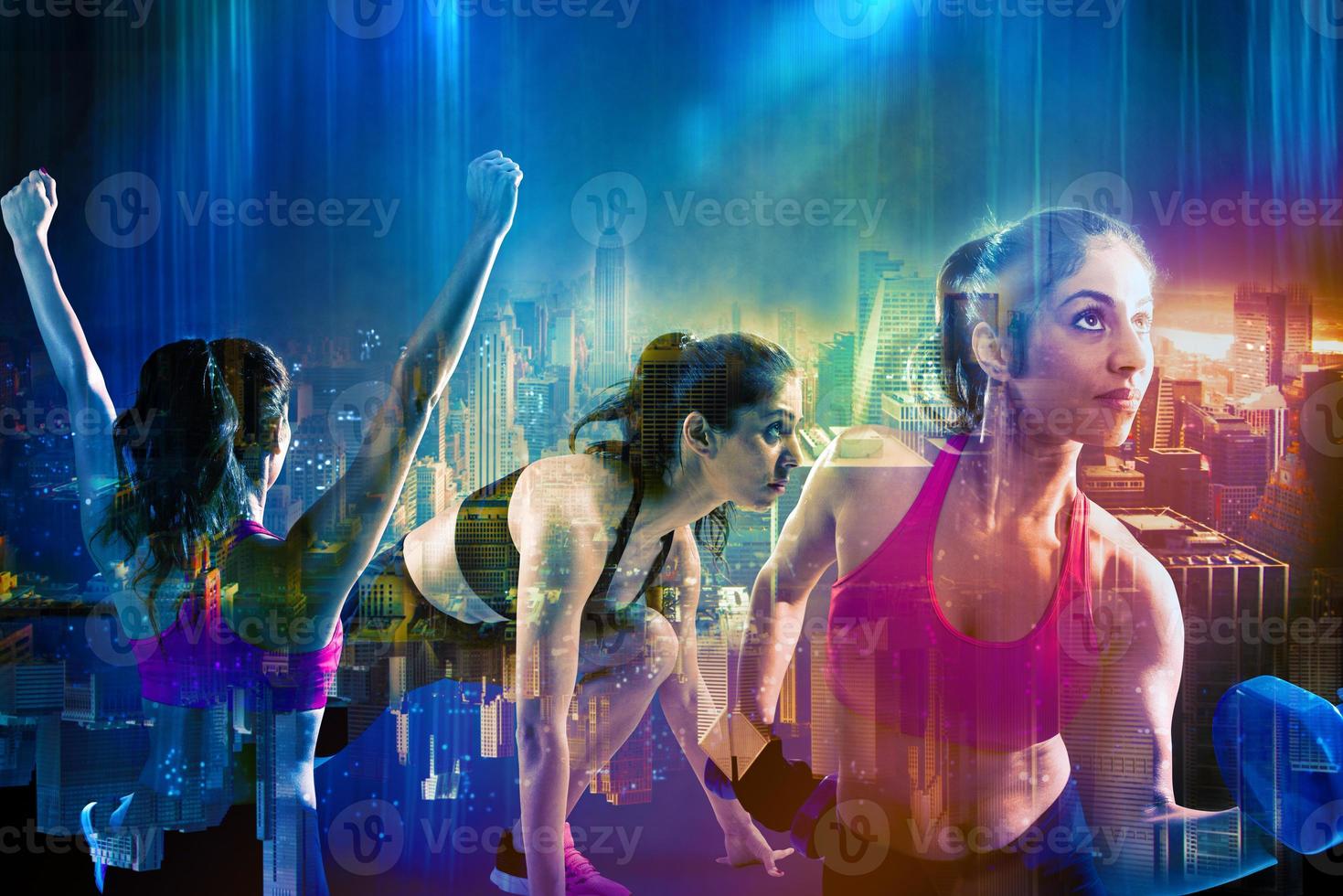 Athletic woman workout on city background photo