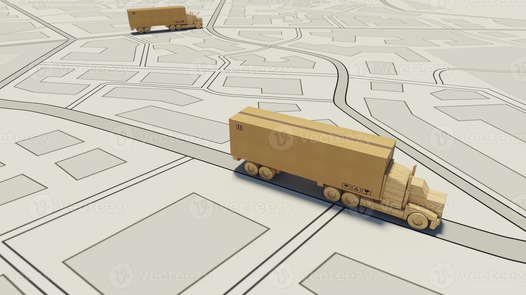 Big cardboard box package on a wooden toy truck ready to be delivered on a road map photo