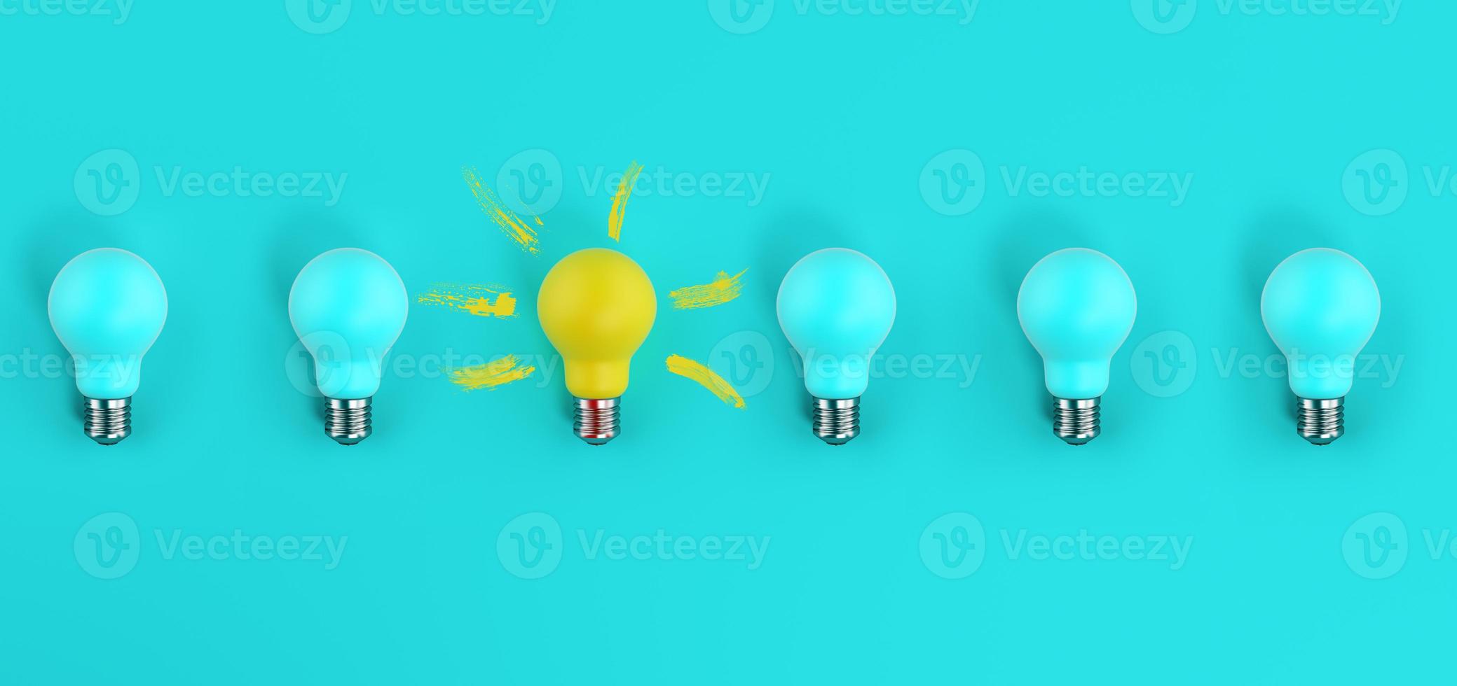 One light bulb on among many off. cyan background. Concept of creativity and idea photo