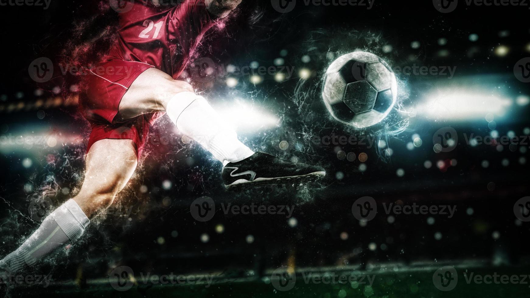 Game action with light effects of a footballer hitting the ball with force photo