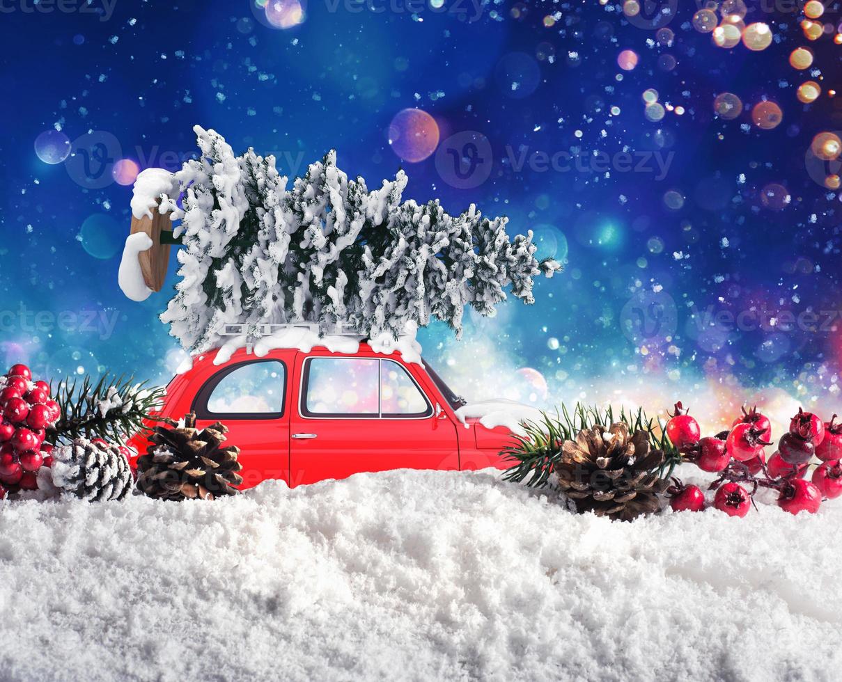 Vintage Car that transport a Christmas tree photo