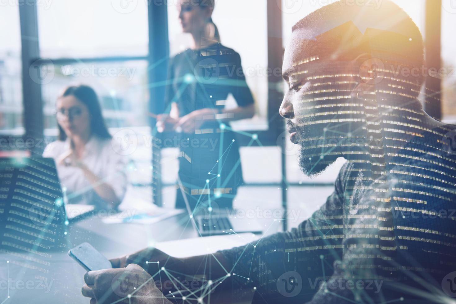 Businessman in office connected on internet network. concept of startup company. Double exposure photo