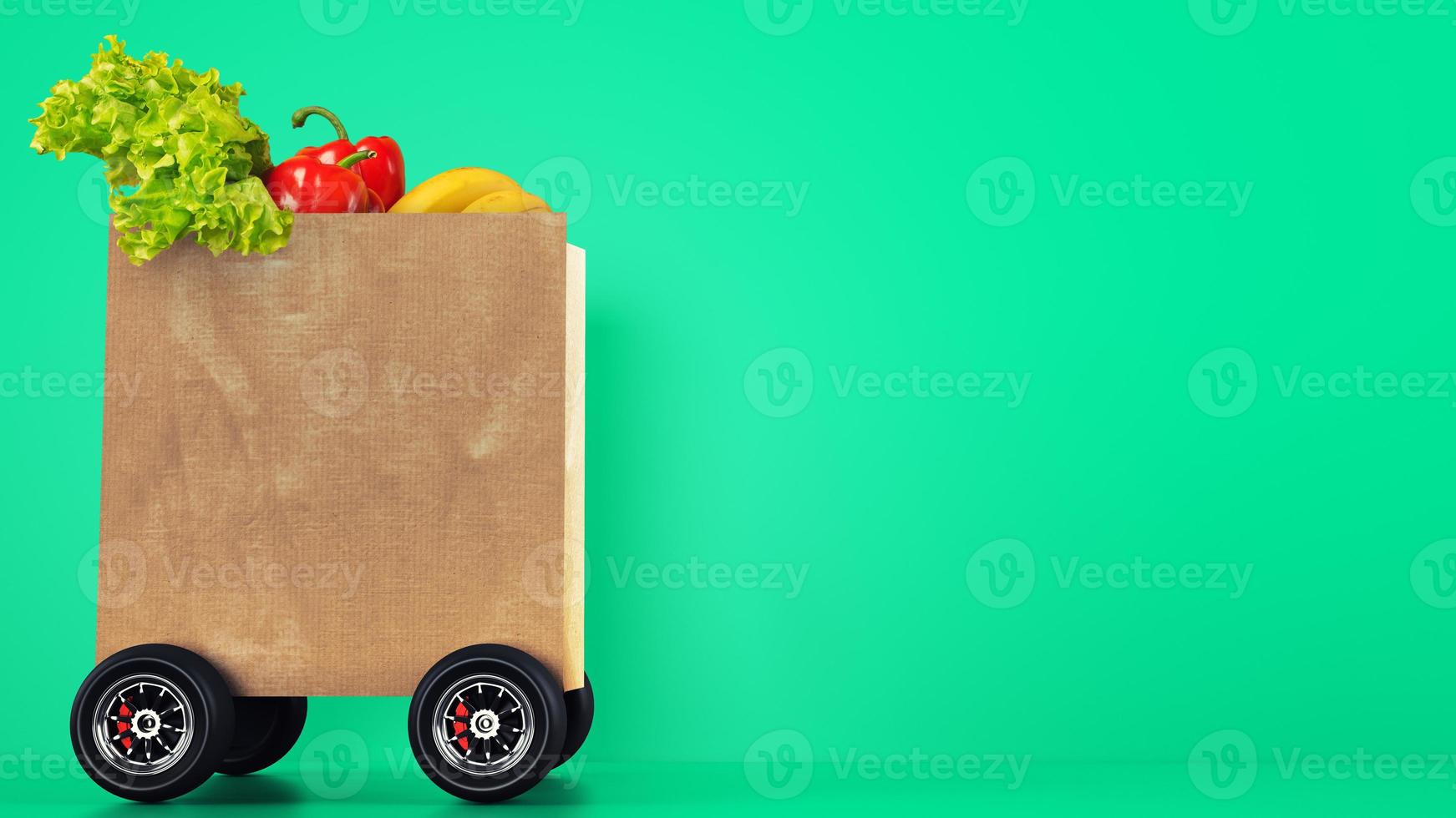 Delivery of the grocery with a shopping bag on wheels with green background photo