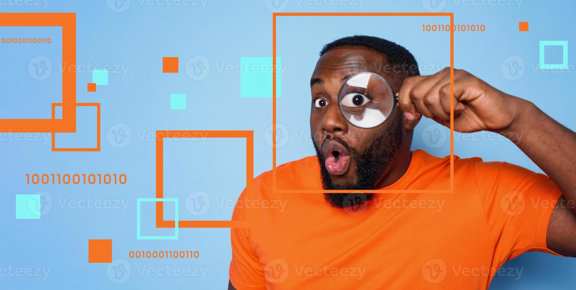 Man search for digital information with a magnifier lens. Concept of internet security and privacy photo