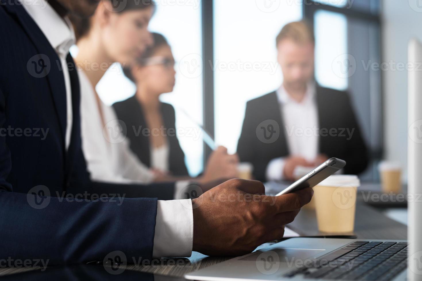 Man working on a mobile phone. Concept of internet sharing and interconnection photo