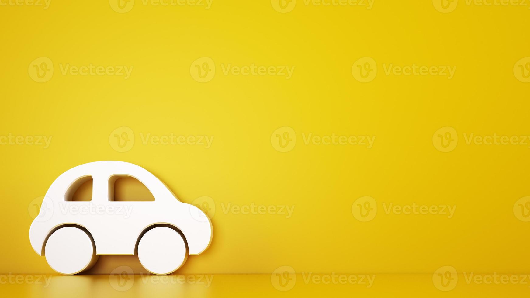 Rendering of a yellow background with white 3D toy car, automotive services concept photo