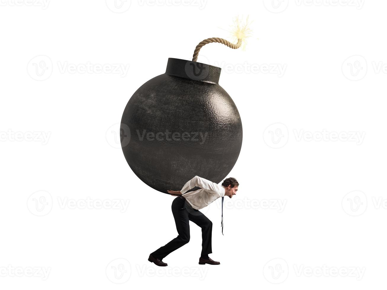 Businessman hold a bomb. Concept of difficult career and failure. Isolated on white background photo