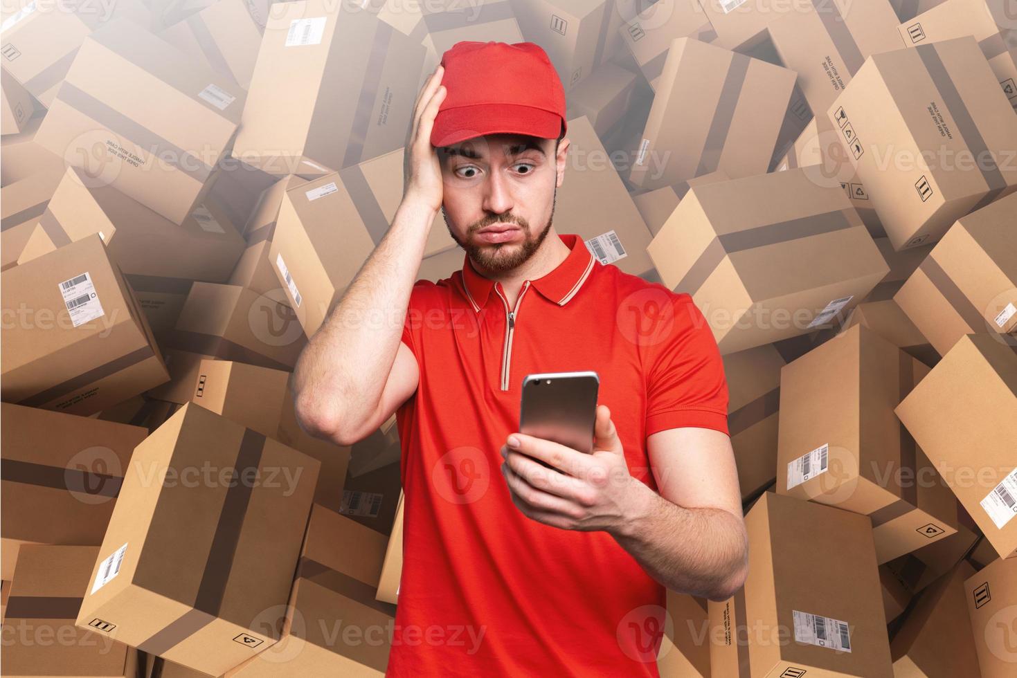 Courier is confused due to a lot of packages to deliver. concept of overwork and growth internet order photo