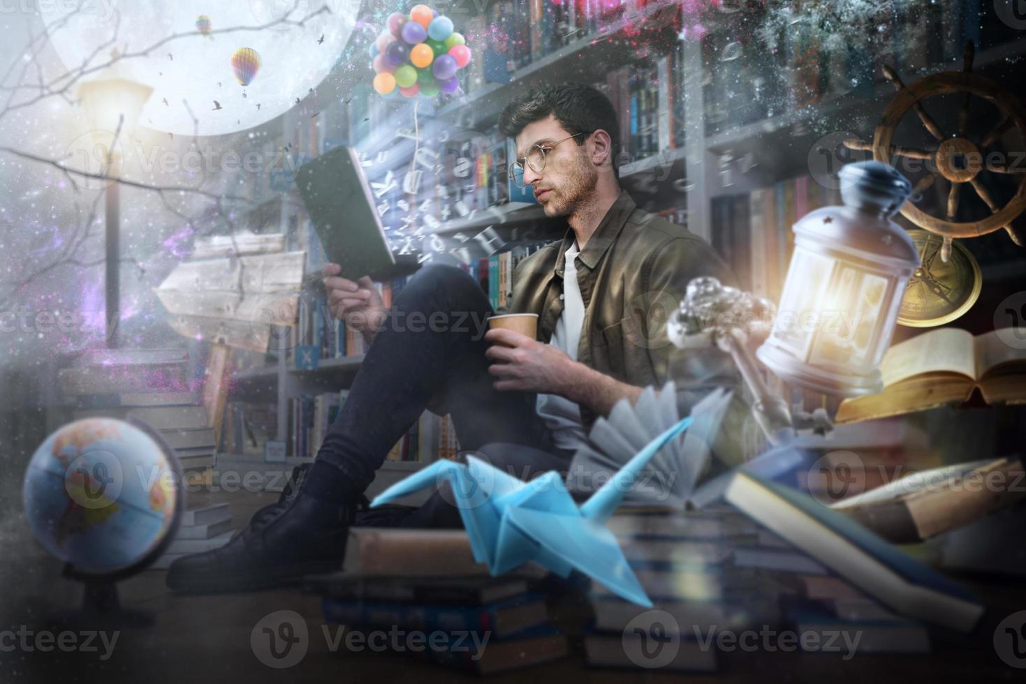 Boy reads a book at night in a library. Concept of fantasy, imagination and creativity photo