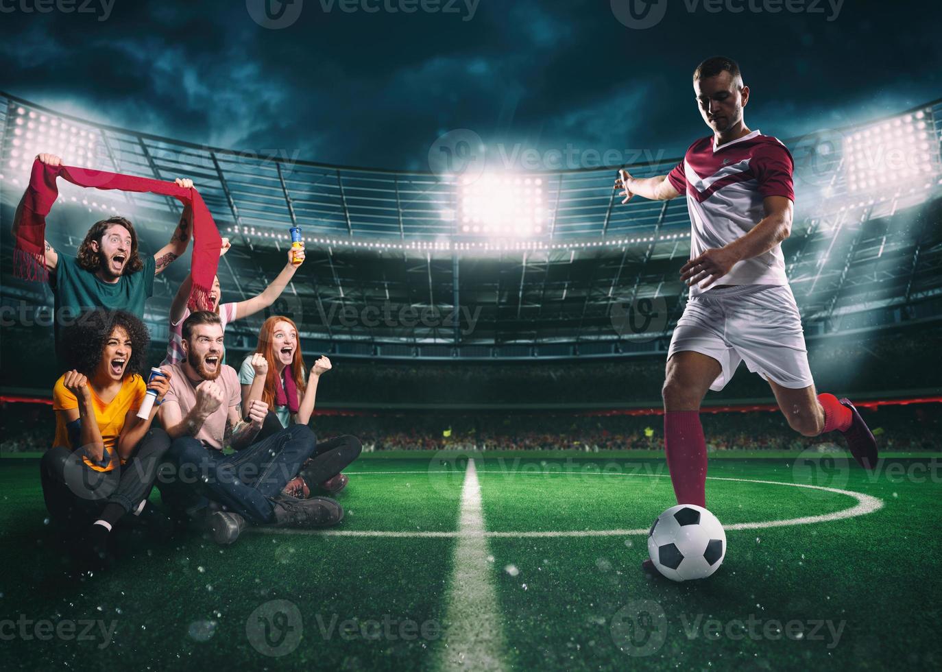 Soccer fans in the middle of the action during a night game at the stadium photo