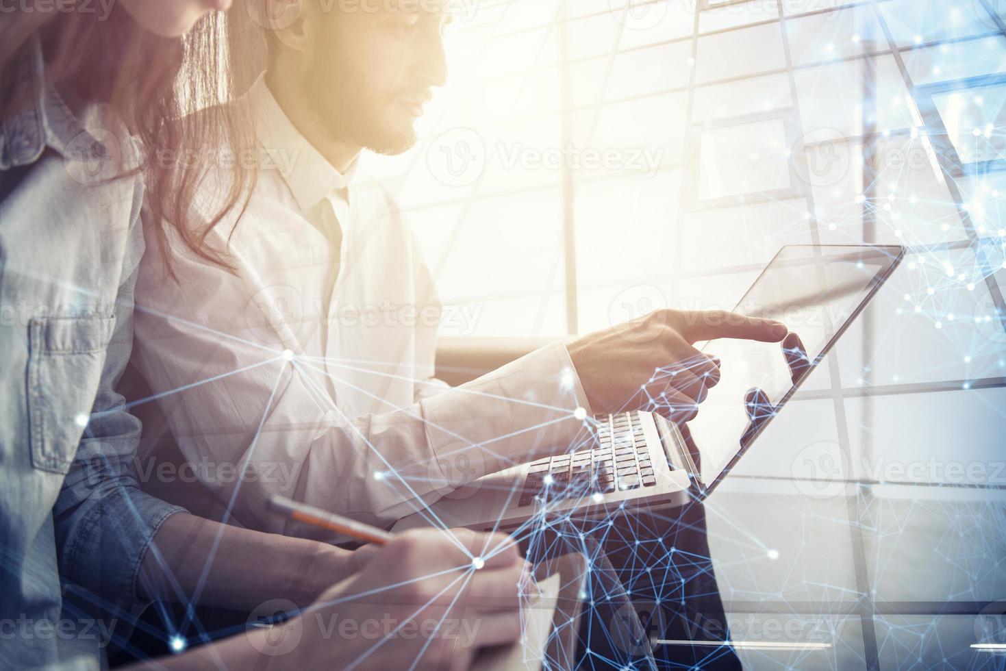 Businessman in office connected on internet network. concept of startup company. Double exposure photo