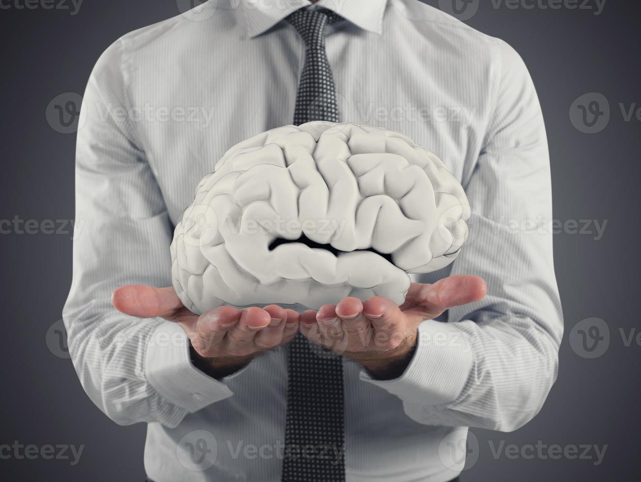 Man protects a brain with his hands. 3D Rendering photo