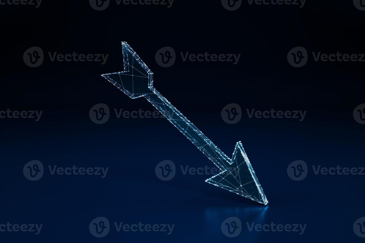 Illuminated wireframe digital arrow on dark blue background. 3D Rendering photo