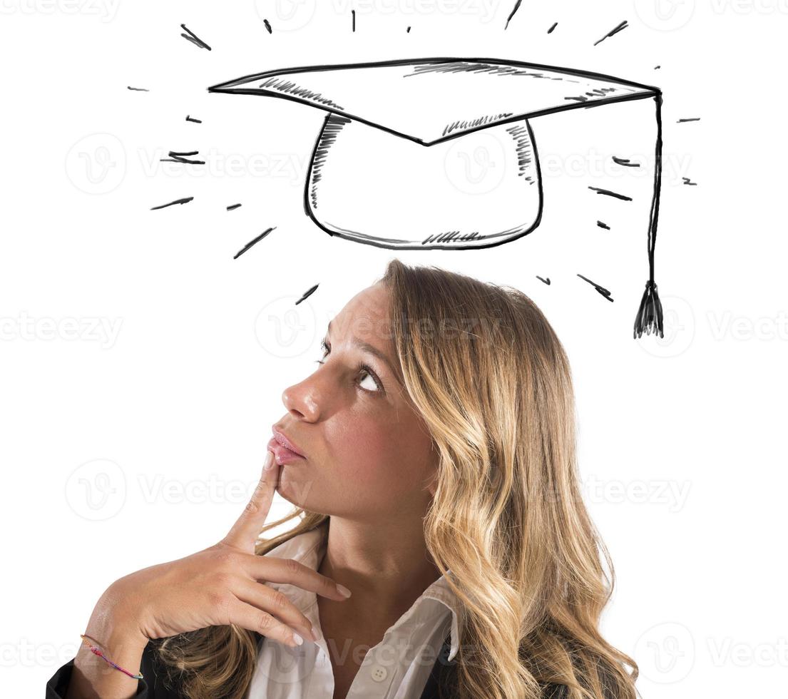 Blonde woman student thinks about her graduation photo