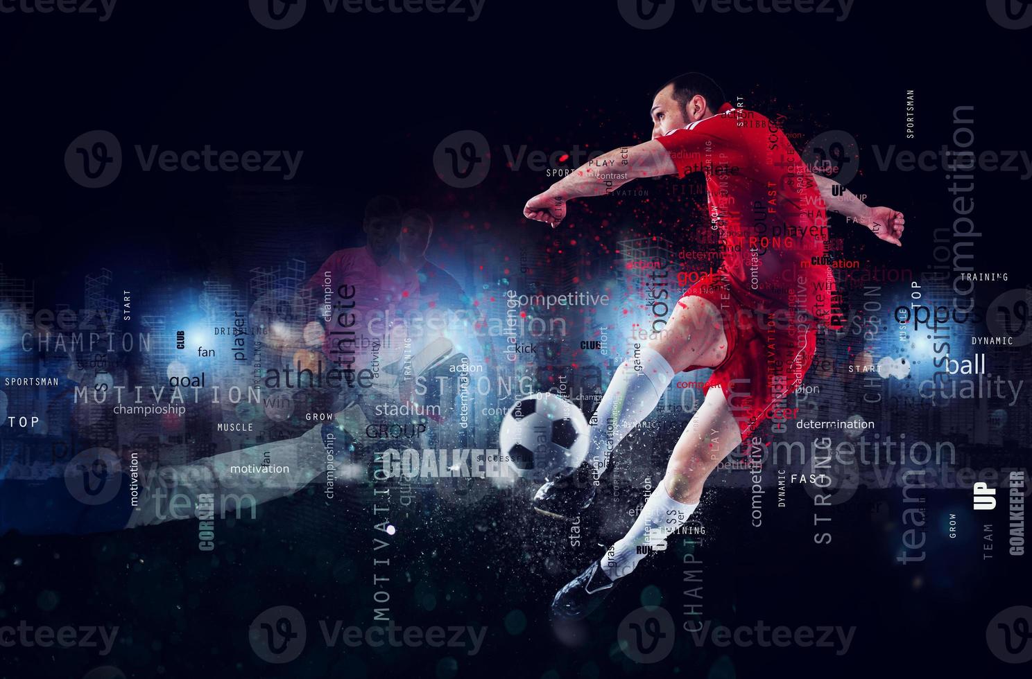 fútbol americano escena de un fútbol jugador en acción. texto efecto en cubrir con el más usado términos. resumen antecedentes foto