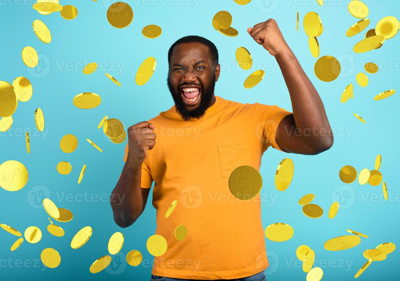 Boy wins money. Amazed and surprised expression face. Light blue background. photo