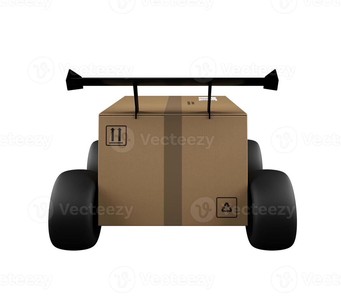 Cardboard package on a trolley with wheels. concept of fast and express delivery. 3d render photo