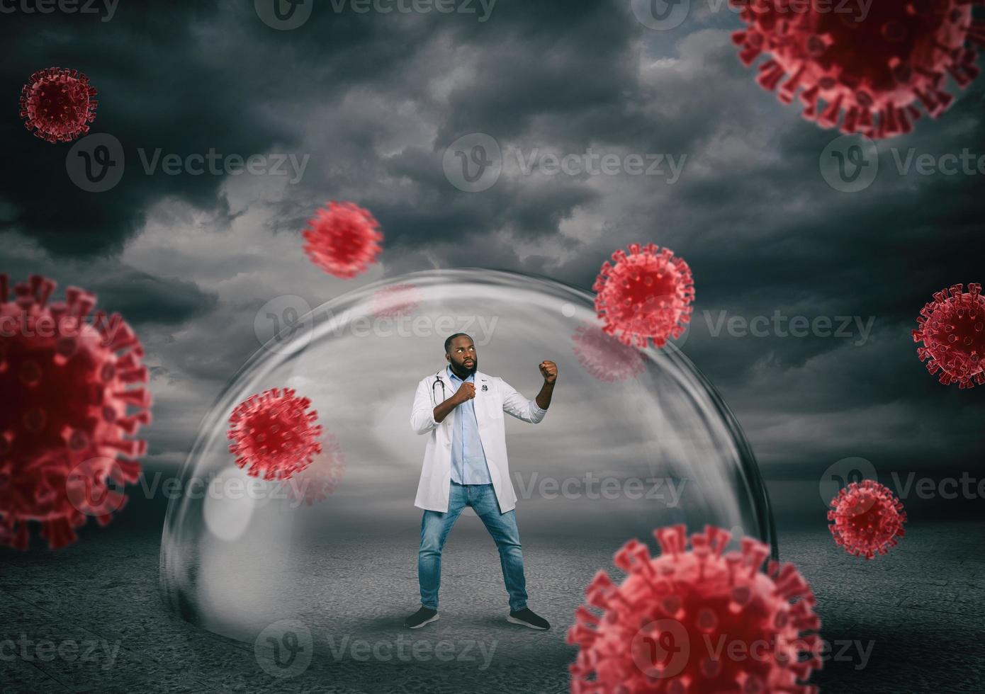 Doctor safely inside a shield dome that protects him from virus. Protection and safety concept photo