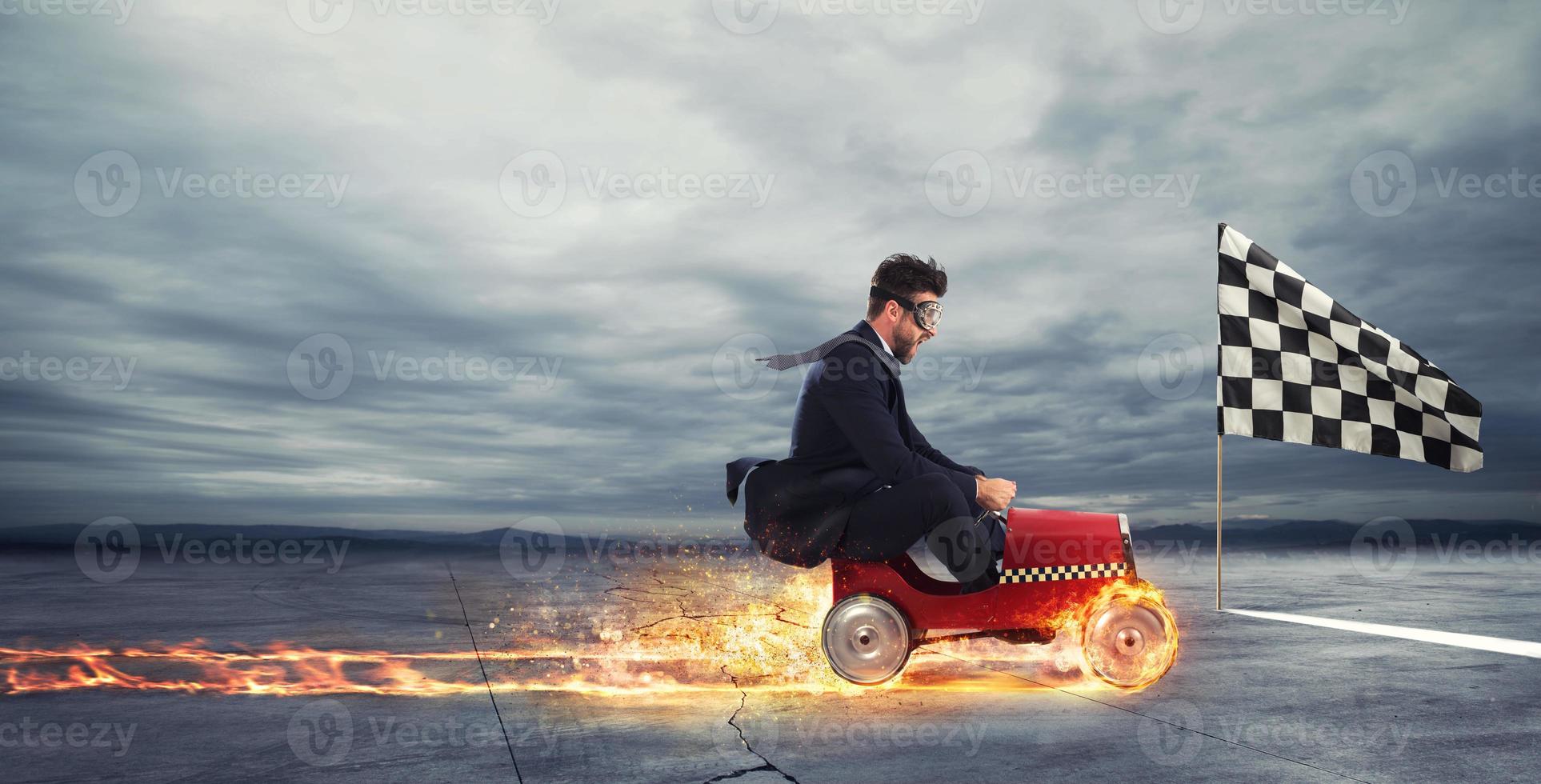 Fast businessman with a car wins against the competitors. Concept of success and competition photo
