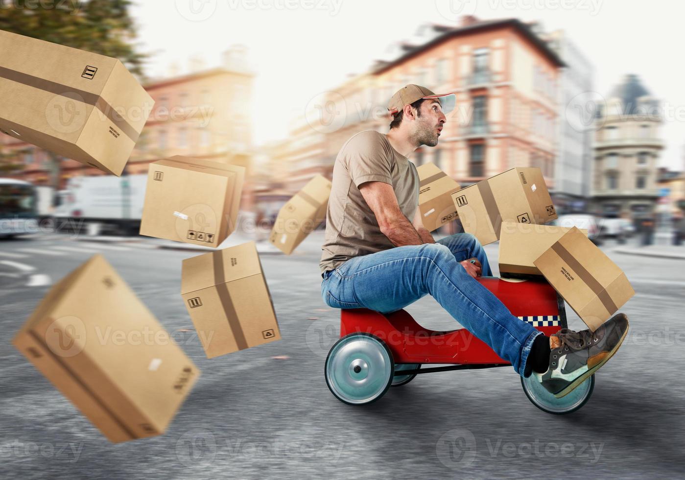 Courier drive fast with a toy car. Concept of fast and express delivery. Cyan background photo